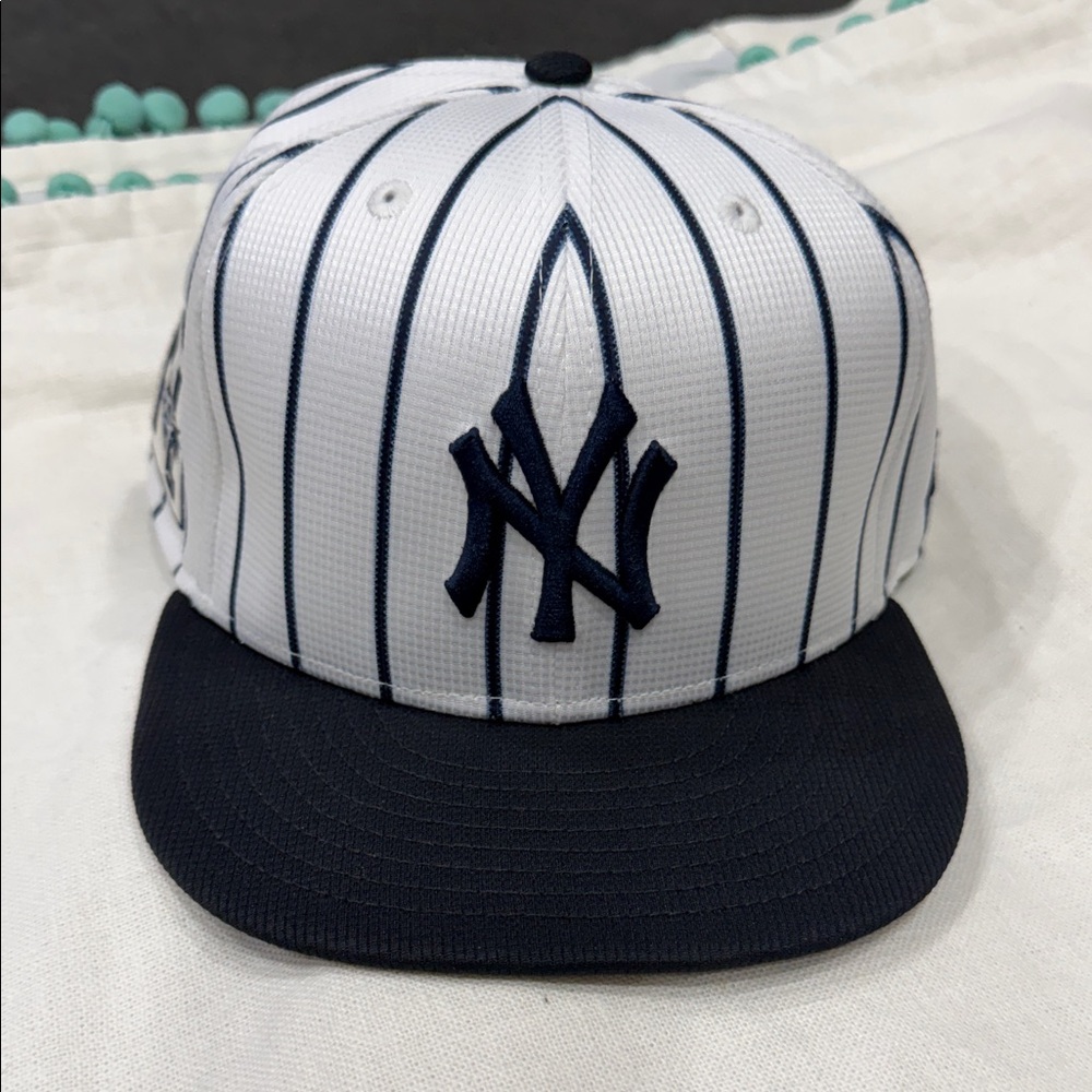New Era Kids White Pinstripe Baseball Cap with Navy Brim